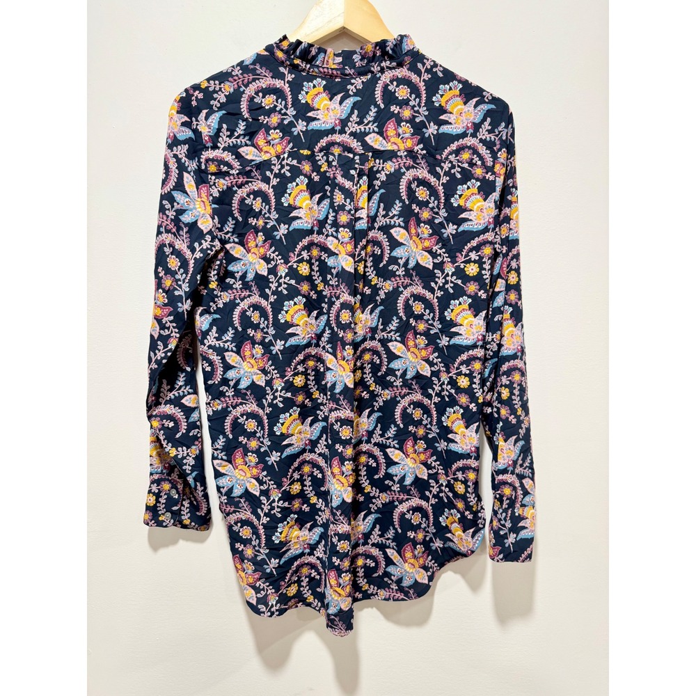 LOFT Navy Blue Floral Paisley Ruffle Neck Tie Front Blouse Long Sleeve Small - Picture 2 of 5
